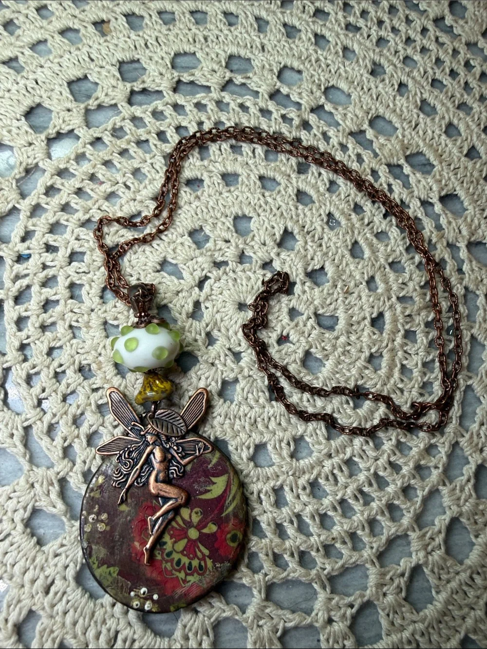 Copper Fairy Pendant Necklace with Green Accents
